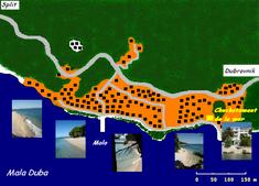 La carte du village de Mala Duba, avec indication de la position de la maison et des plages